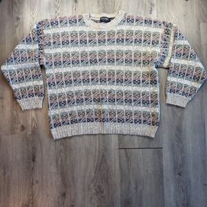 Scandia Vintage Mens Large Cotton Knit Sweater Made in USA Grandpa Geometric